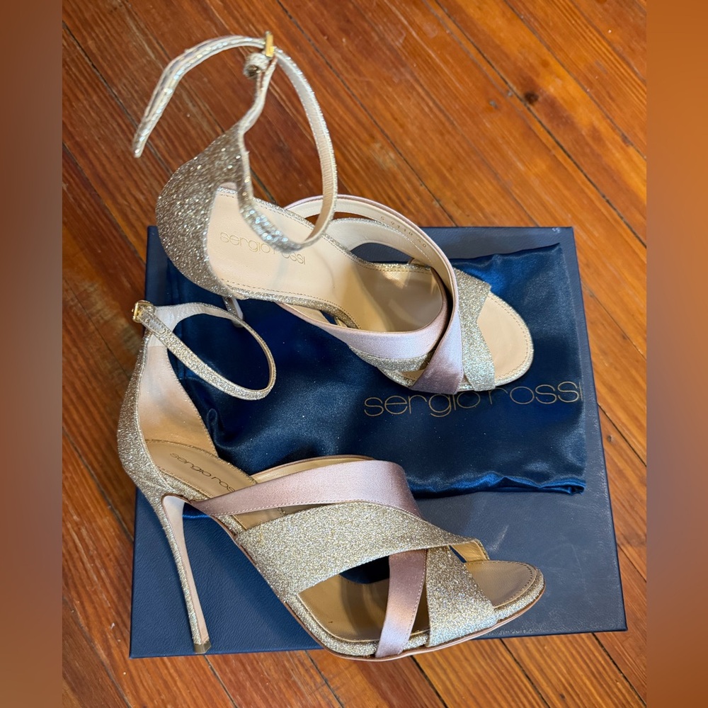 Authentic New Sergio Rossi Glitter Gold and Pink Satin Heels Size 40